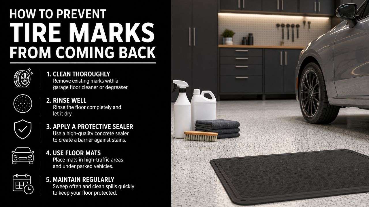 A helpful infographic showing five steps to prevent tire marks on garage floors with cleaning and maintenance tips.
