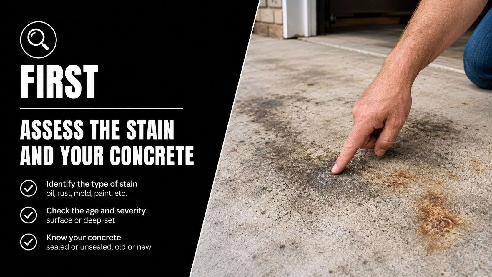A person pointing to a dark, worn stain on a concrete driveway to assess its severity.