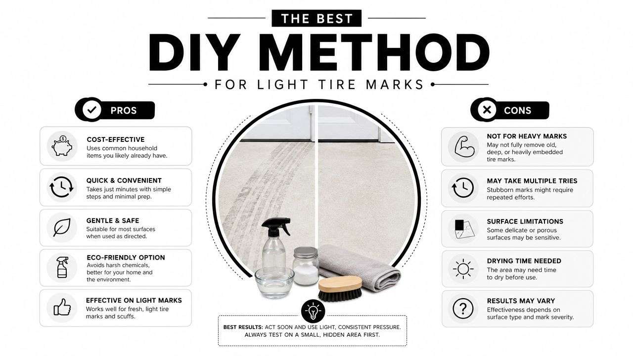 An infographic showing a DIY method to remove light tire marks from surfaces using household items.